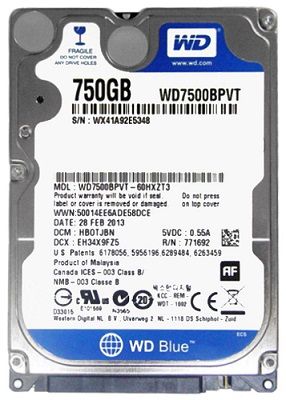 Хард диск WD Blue 750GB, 2.5", 5400RPM, SATA 3Gb/s, 8MB, WD7500BPVT