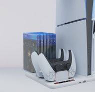 Многофункционална вертикална стойка за PS5 Slim с охлаждане, зарядно за контролери, място за игри