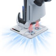 Многофункционална вертикална стойка за PS5 Slim с охлаждане, зарядно за контролери, място за игри